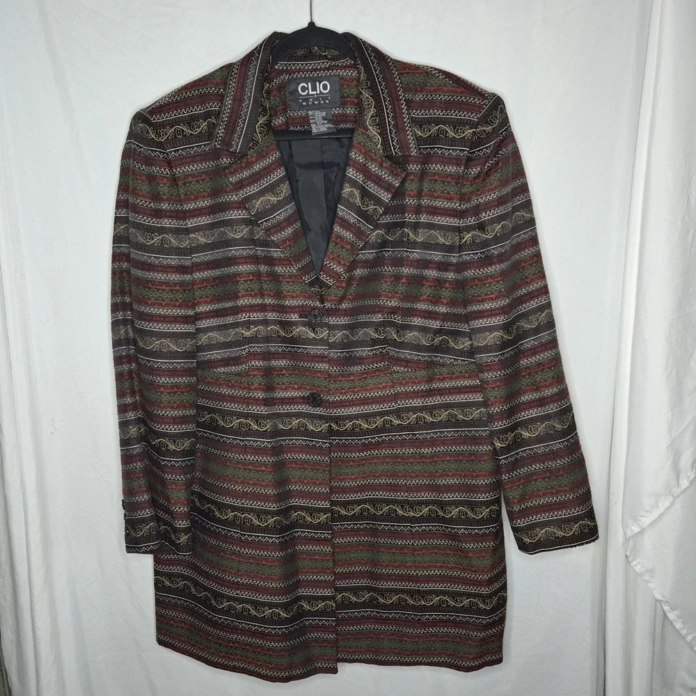 Clio 2 Suit Woman Vintage Long Blazer Woven Geometric Print Red Women's 18W 80's